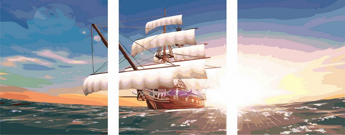 Didingas laivas saulėtekio metu